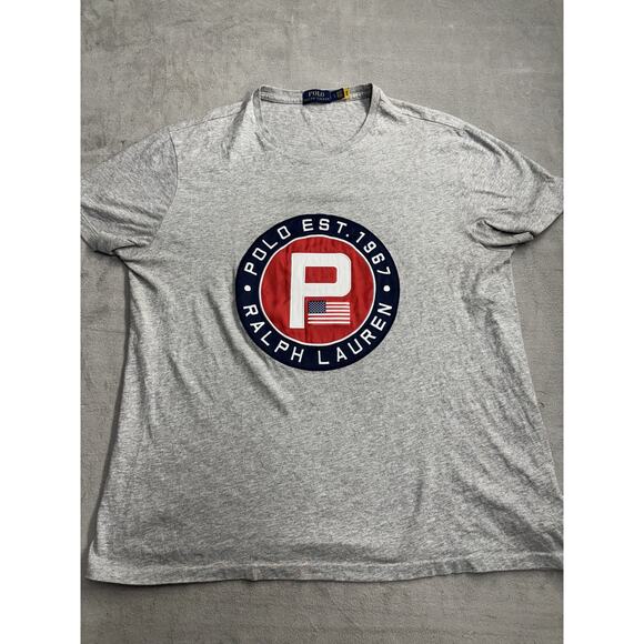 Polo Ralph Lauren Shirt Mens Large Gray Polo Est 1967 Logo American Flag Tee - Picture 2 of 6